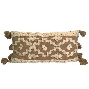 Bohemian Beige & Ivory Cotton/Linen Lumbar Accent Pillow With Tassels